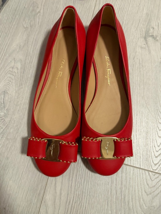 Salvatore Ferragamo Shoes - Salvatore Ferragamo Red Leather Vara Bow Flats with Gold Plate